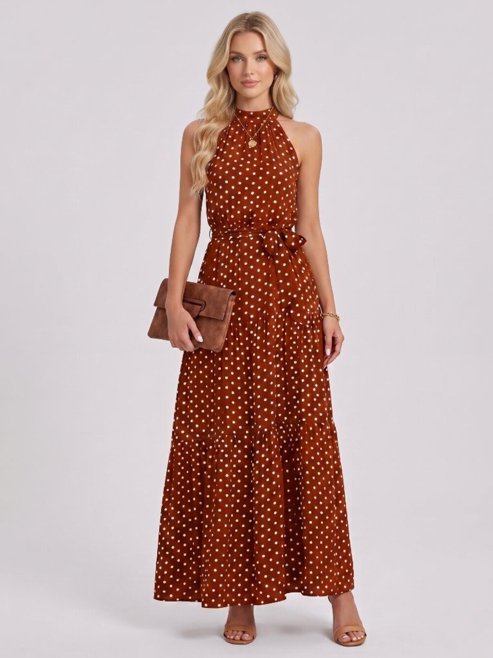 Women's Brown Polka Dot Halter Maxi Dress Belted Ruffle Hem Vacation Boho